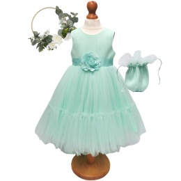 Girls Mint Green Organza Dress with Flower Sash
